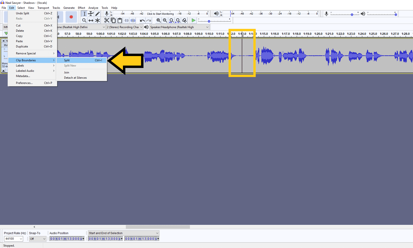 using wavepad free to split audio file